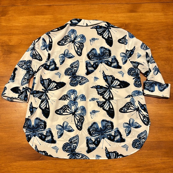 PAIGE BLOUSE TUNIC COLLAR 3/4 SLEEVE WHITE INDIGO BUTTERFLY SIDE FLAP SIZE PM - Picture 8 of 8